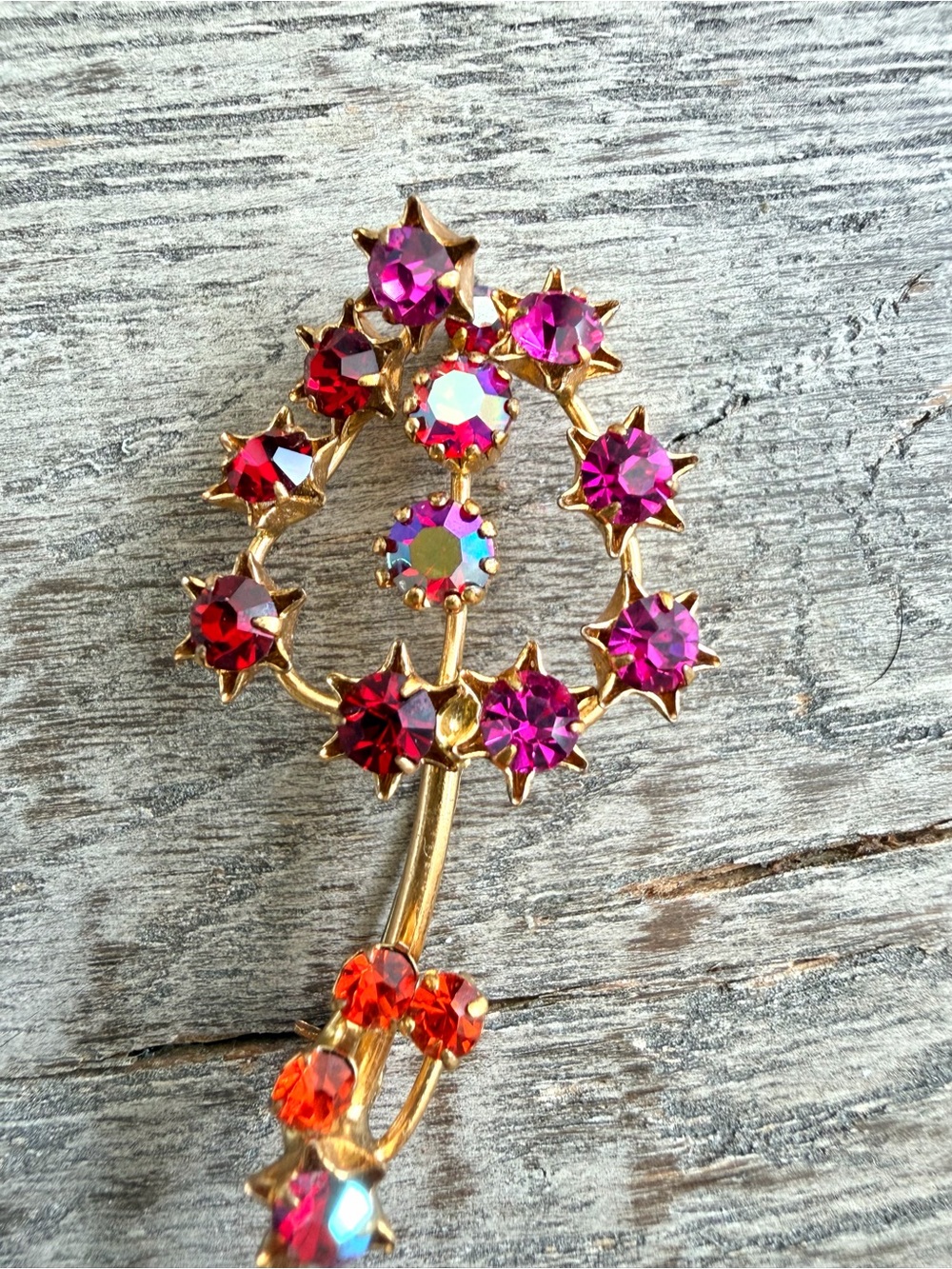 Estate Austrian Crystal Gold-Tone Pink, Red & Orange Floral Brooch Pin Vintage